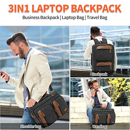 Man using versatile 3-in-1 laptop backpack as backpack, shoulder bag, and handbag.