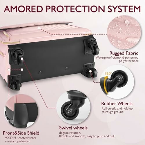 Luggage with amored protection system featuring rugged fabric and rubber wheels.