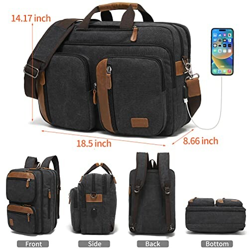 Black laptop bag with multiple compartments and USB charging port, shown from different angles.