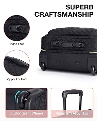 Black suitcase with stand feet, zipper for rod, silent wheels, and aluminum alloy rod.