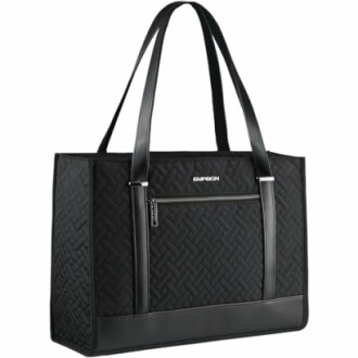 Black tote bag with quilted pattern and front zipper pocket.