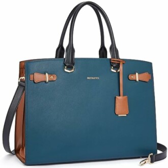 Elegant blue leather tote bag with brown accents and shoulder strap