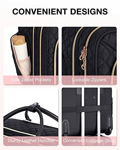 Close-up of backpack features: side zipper pockets, lockable zippers, sturdy leather handles, and convenient luggage strap.