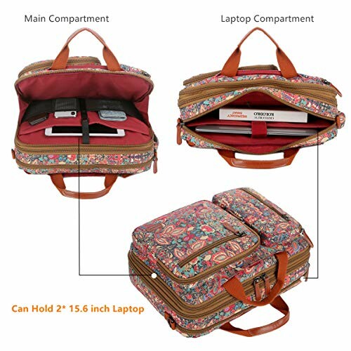 Floral laptop bag with main and laptop compartments open, showing contents.