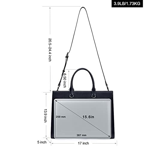 Black laptop bag with dimensions and weight