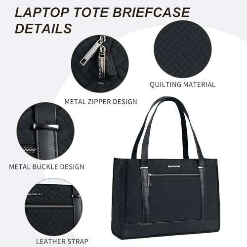 Black laptop tote briefcase with quilting, metal zipper, buckle design, and leather strap.