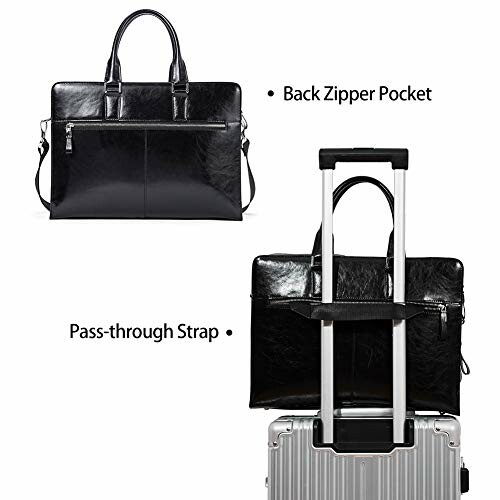 Black leather briefcase with back zipper pocket and pass-through strap on luggage.