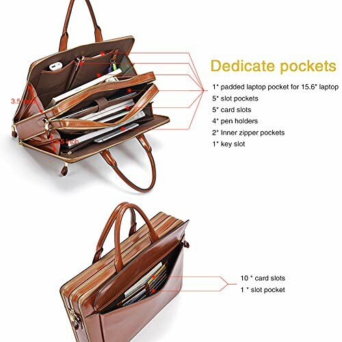 Leather laptop bag with multiple organized pockets and compartments.