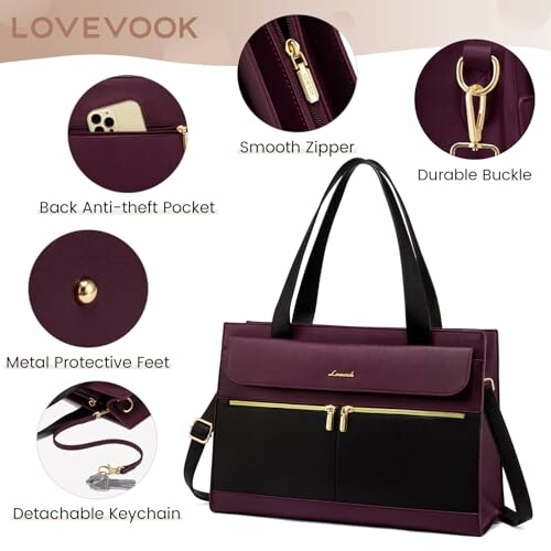 Purple and black Lovevook tote bag with features: smooth zipper, durable buckle, back anti-theft pocket, metal protective feet, detachable keychain.