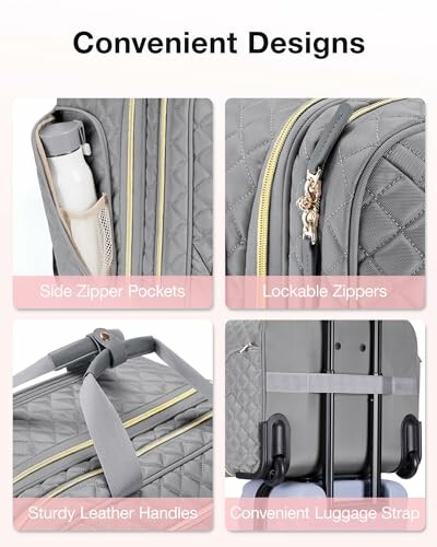 Collage of luggage features: side zipper pockets, lockable zippers, sturdy leather handles, convenient luggage strap.