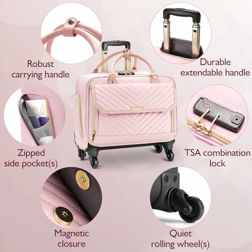 Pink luggage with features like robust handle, extendable handle, zippered pockets, TSA lock, magnetic closure, and rolling wheels.