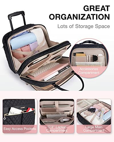 Open travel backpack showing organized compartments for laptop, accessories, and easy access pockets.