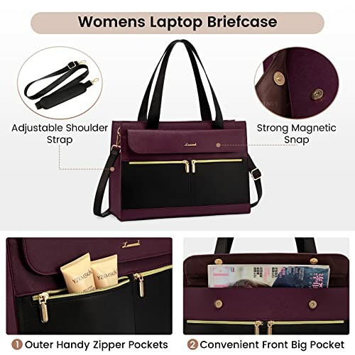 Women's laptop briefcase with adjustable strap, magnetic snap, and multiple pockets.